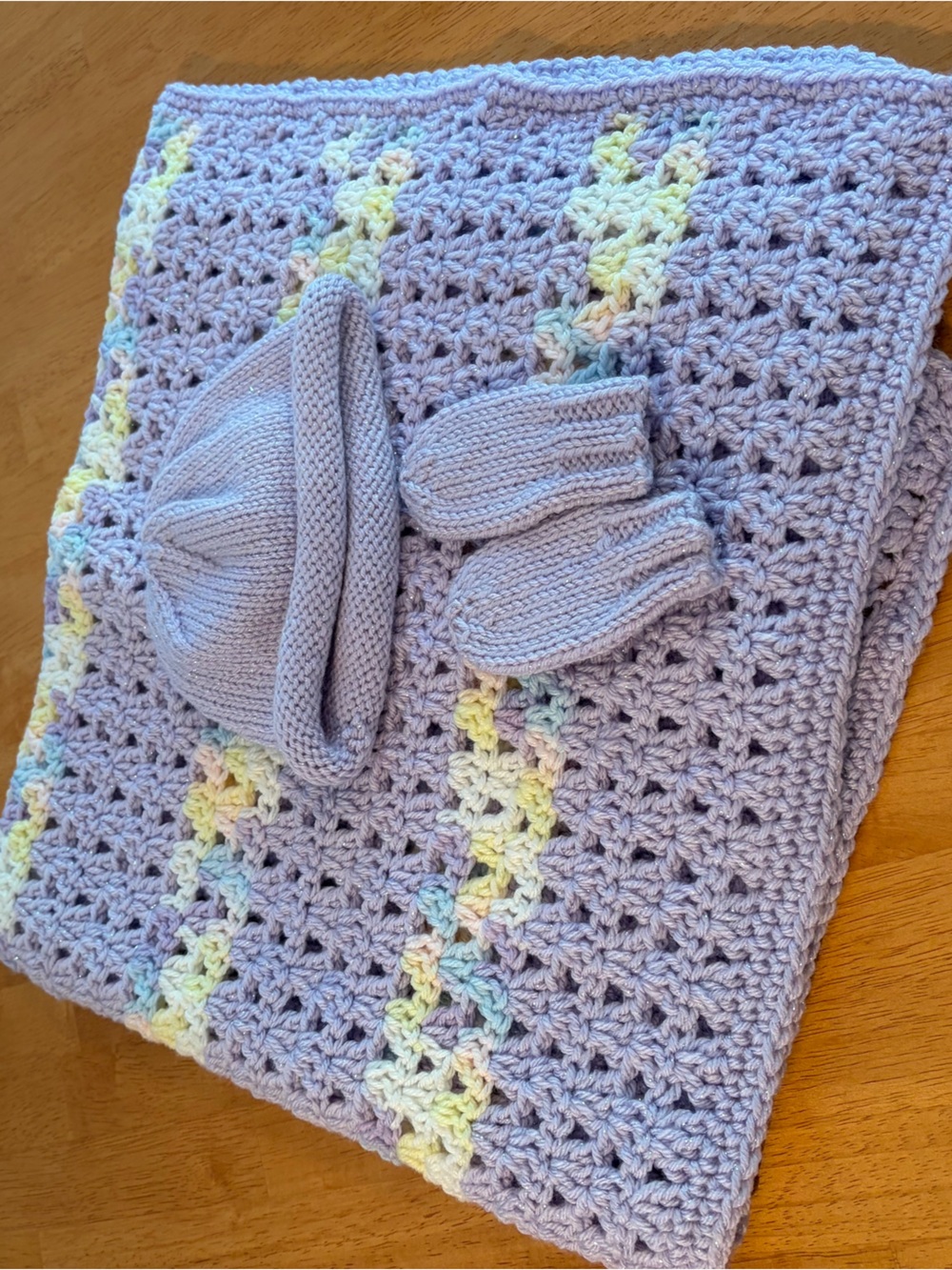 Handmade Baby Knit Hat, Mittens & Crochet Blanket Set – Lavender